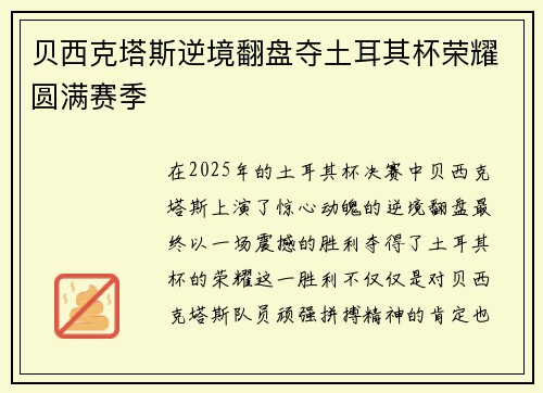 贝西克塔斯逆境翻盘夺土耳其杯荣耀圆满赛季