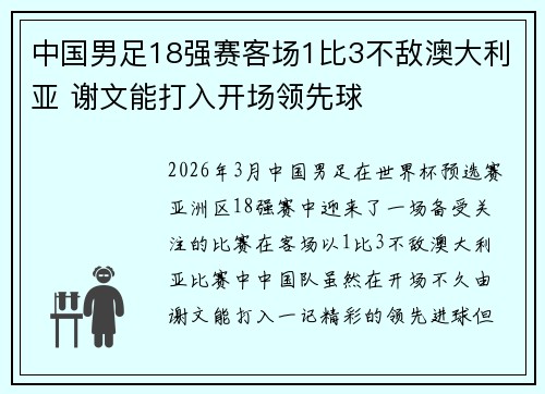 中国男足18强赛客场1比3不敌澳大利亚 谢文能打入开场领先球